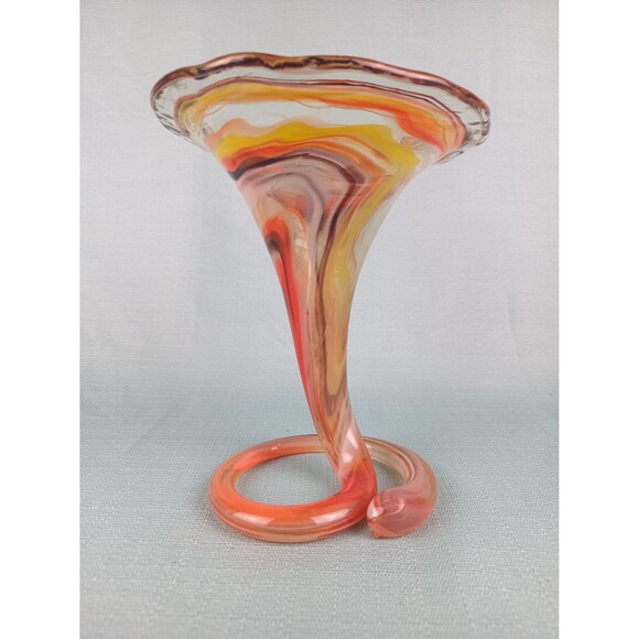 Multicolor MCM Swirl Vase Murano Style Art Glass Orange White Pink Red Glass Art - Picture 3 of 10